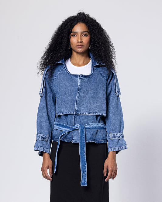 Collar Blue Cropped Jacket
