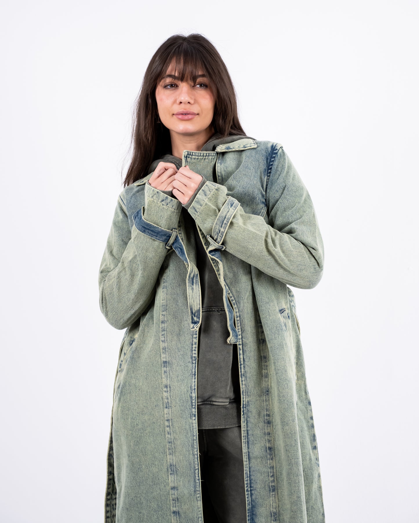 Denim Trench Coat In Olive
