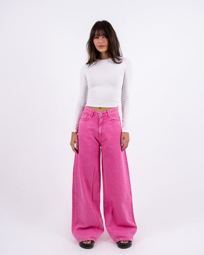 Hot Pink Washed Wide-leg Jeans