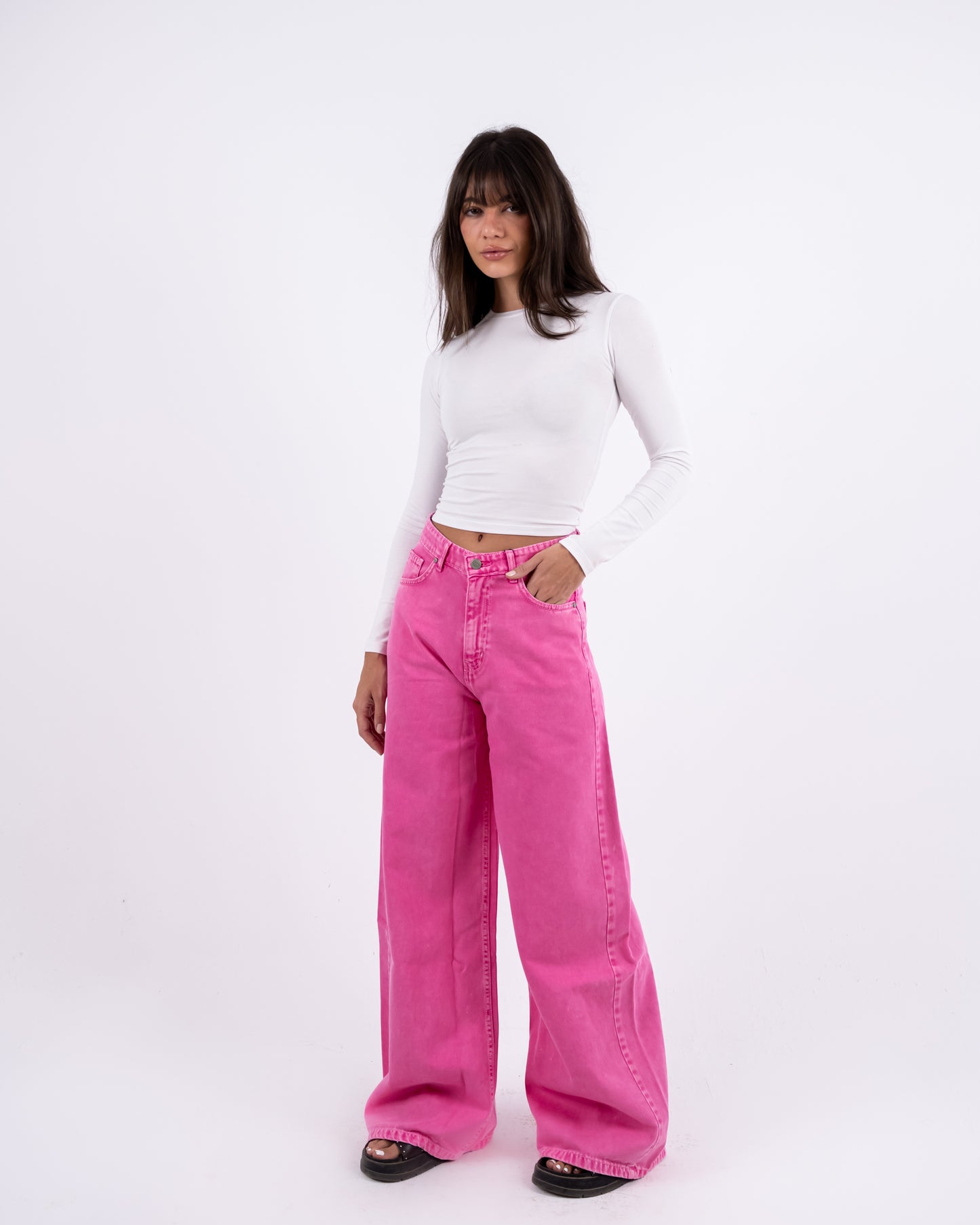 Hot Pink Washed Wide-leg Jeans