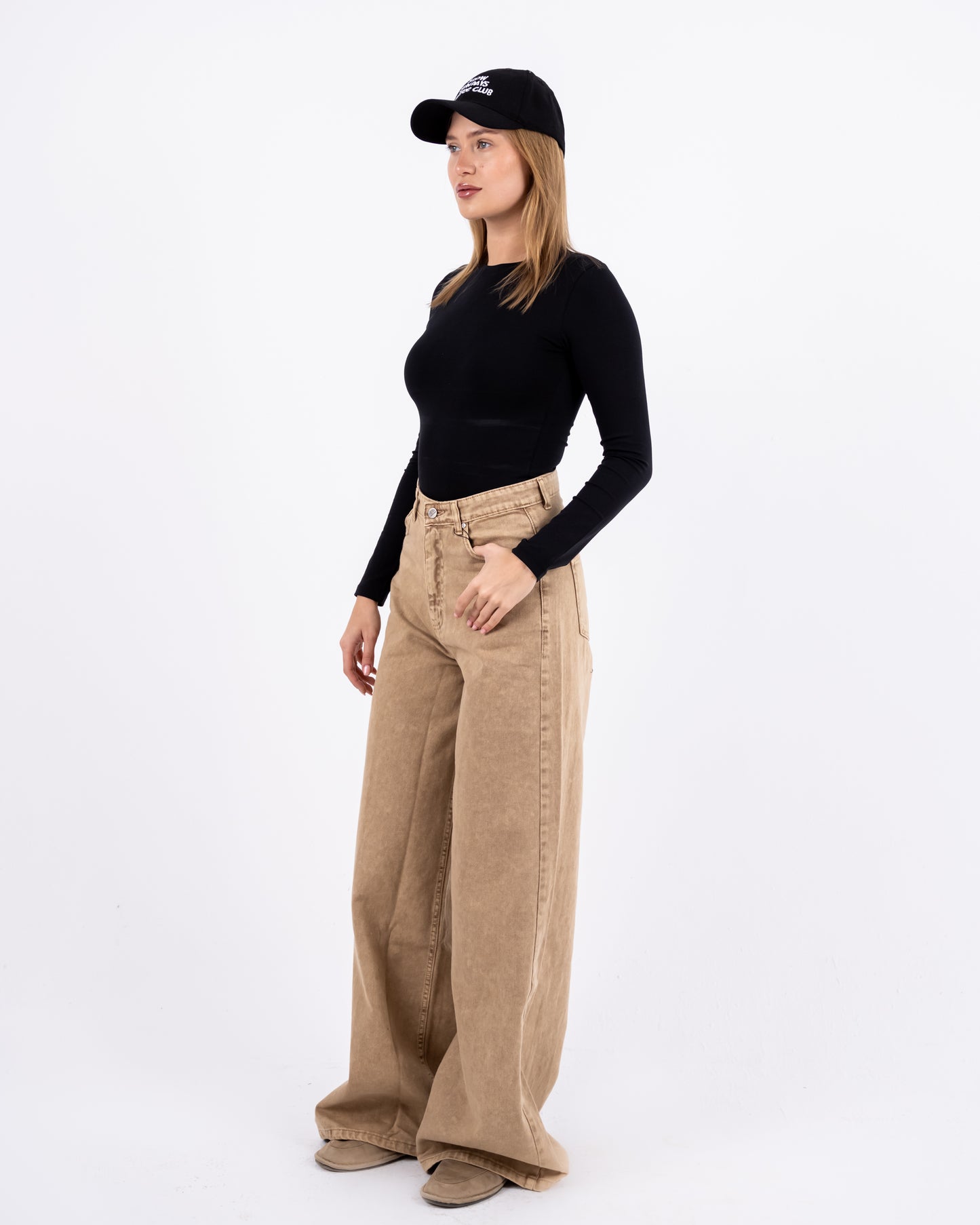 Beige Washed Wide-leg Jeans