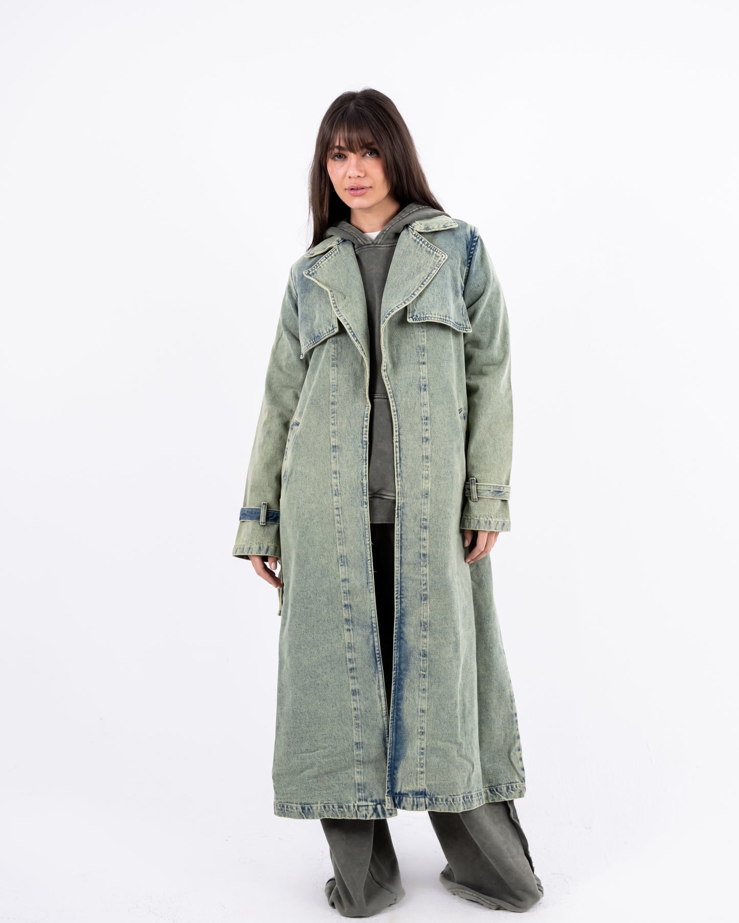 Denim Trench Coat In Olive