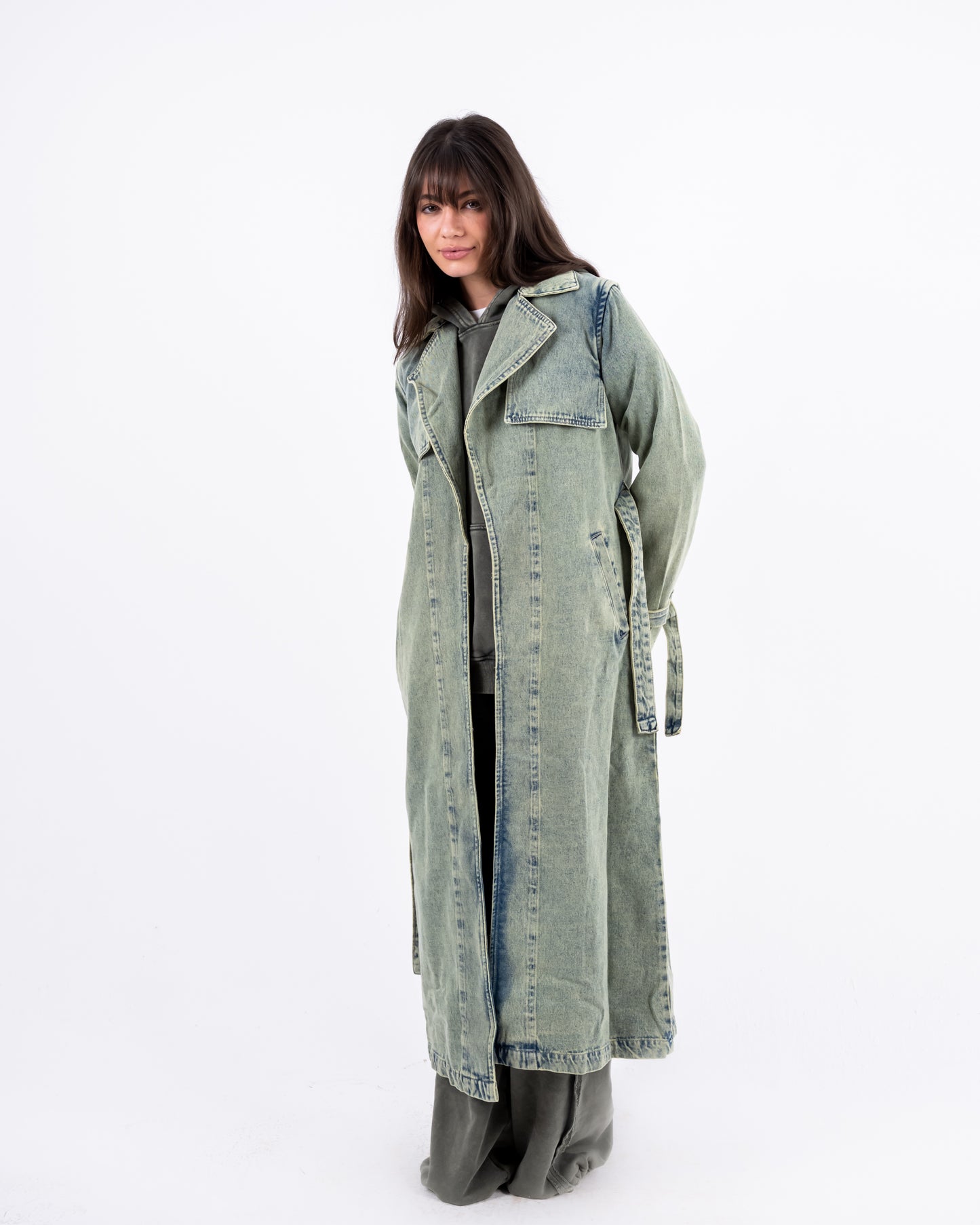 Denim Trench Coat In Olive