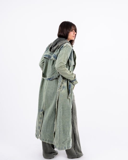 Denim Trench Coat In Olive